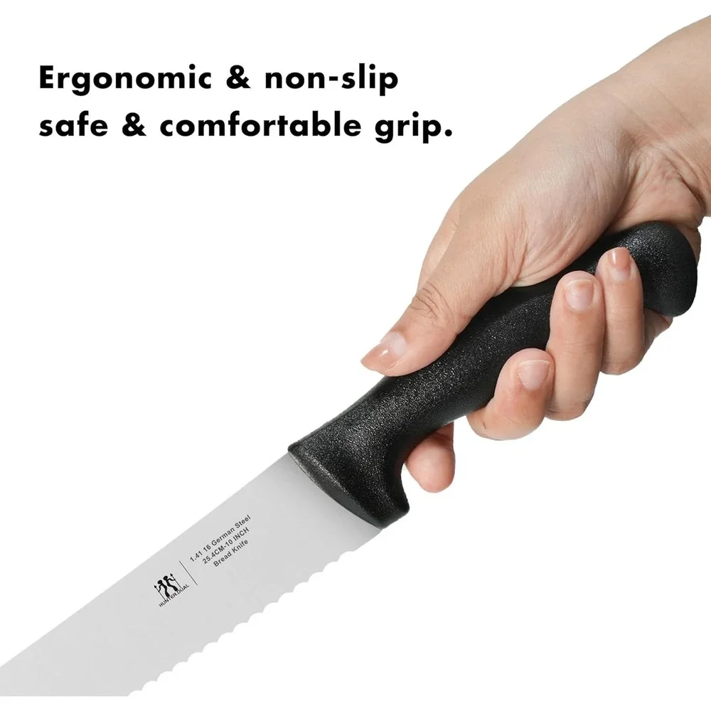 HUNTER.DUAL 10in Serrated Bread Knife German Steel Sourdough Slicer Black